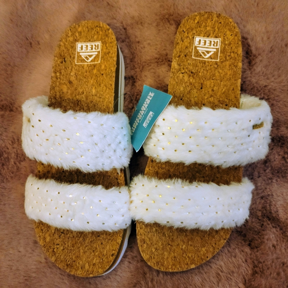NEW Reef Cushion Vista Fuzzy Cork Slides Faux Fur White Beachy Size 10 - Picture 4 of 10